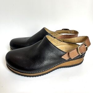 DANSKO Merrin Black Leather Clogs with Brown Velcro back strap